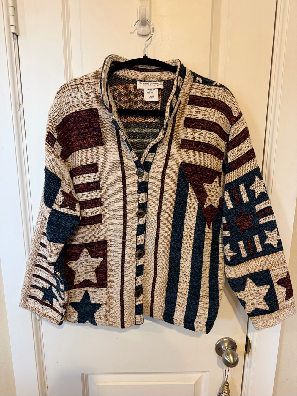 Vintage Rare American Button Front  Blanket Jacket- Beige, Navy & Red